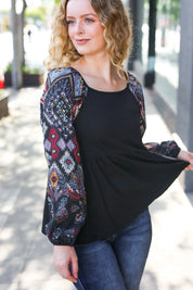 Charming Black Square Neck Border Print Bubble Sleeve Top | Daverri Fashions