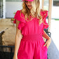 Feeling Femme' Fuchsia Smocked Waist V Neck Flutter Sleeve Romper - DAVERRI FASHIONS