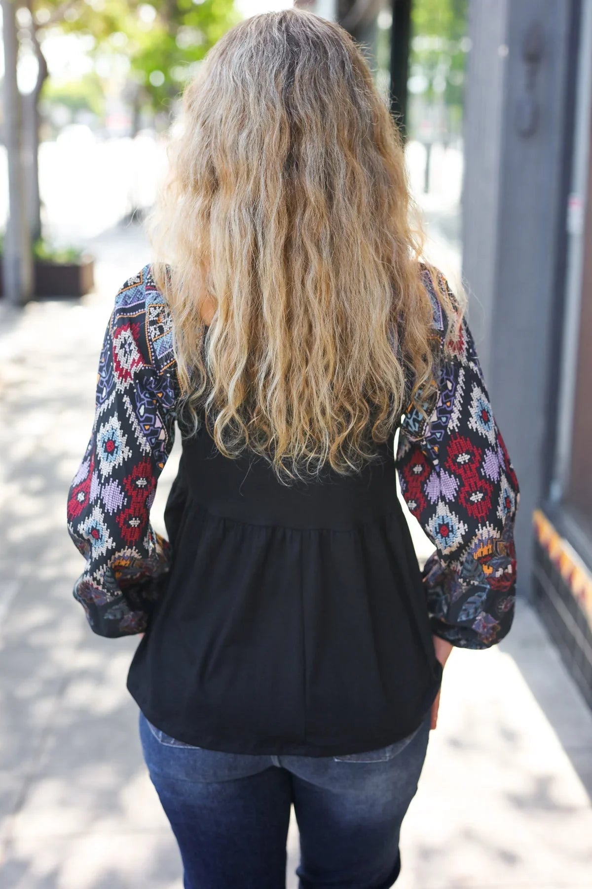 Charming Black Square Neck Border Print Bubble Sleeve Top | Daverri Fashions