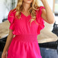 Feeling Femme' Fuchsia Smocked Waist V Neck Flutter Sleeve Romper - DAVERRI FASHIONS