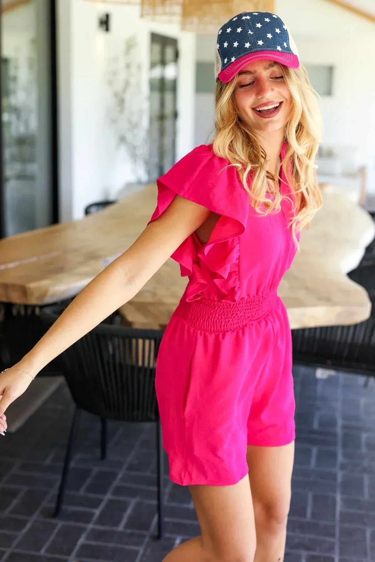 Feeling Femme' Fuchsia Smocked Waist V Neck Flutter Sleeve Romper - DAVERRI FASHIONS