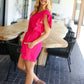 Feeling Femme' Fuchsia Smocked Waist V Neck Flutter Sleeve Romper - DAVERRI FASHIONS