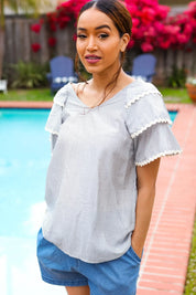 Lovely In Gray Stripe Tiered Ruffle Sleeve Ric Rac Trim Top | 2024 Summer Blow Out Sale Daverri Fashions