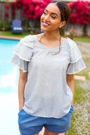 Lovely In Gray Stripe Tiered Ruffle Sleeve Ric Rac Trim Top | 2024 Summer Blow Out Sale Daverri Fashions