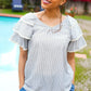 Lovely In Gray Stripe Tiered Ruffle Sleeve Ric Rac Trim Top - DAVERRI FASHIONS