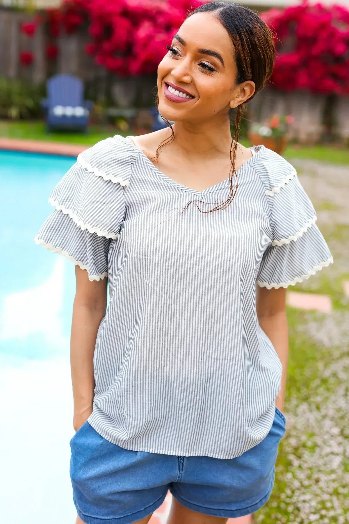 Lovely In Gray Stripe Tiered Ruffle Sleeve Ric Rac Trim Top - DAVERRI FASHIONS