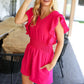Feeling Femme' Fuchsia Smocked Waist V Neck Flutter Sleeve Romper - DAVERRI FASHIONS