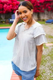 Lovely In Gray Stripe Tiered Ruffle Sleeve Ric Rac Trim Top | 2024 Summer Blow Out Sale Daverri Fashions