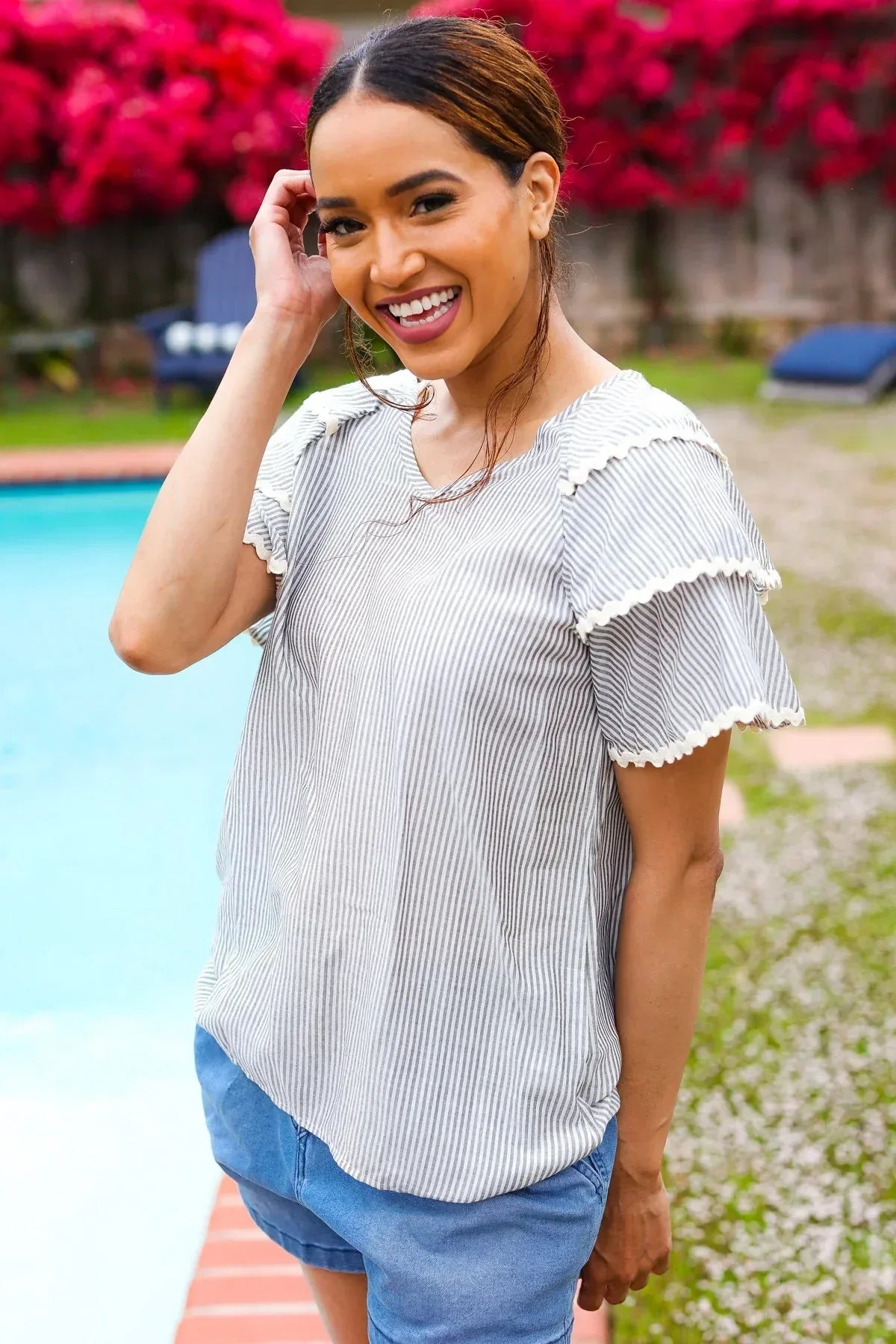 Lovely In Gray Stripe Tiered Ruffle Sleeve Ric Rac Trim Top - DAVERRI FASHIONS