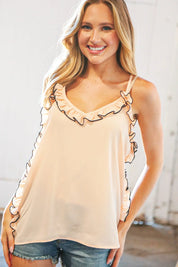 Peach Wool Dobby V Neck Ruffle Hem Tank Top | Daverri Fashions