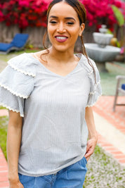 Lovely In Gray Stripe Tiered Ruffle Sleeve Ric Rac Trim Top | 2024 Summer Blow Out Sale Daverri Fashions