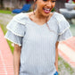 Lovely In Gray Stripe Tiered Ruffle Sleeve Ric Rac Trim Top - DAVERRI FASHIONS
