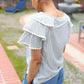 Lovely In Gray Stripe Tiered Ruffle Sleeve Ric Rac Trim Top - DAVERRI FASHIONS