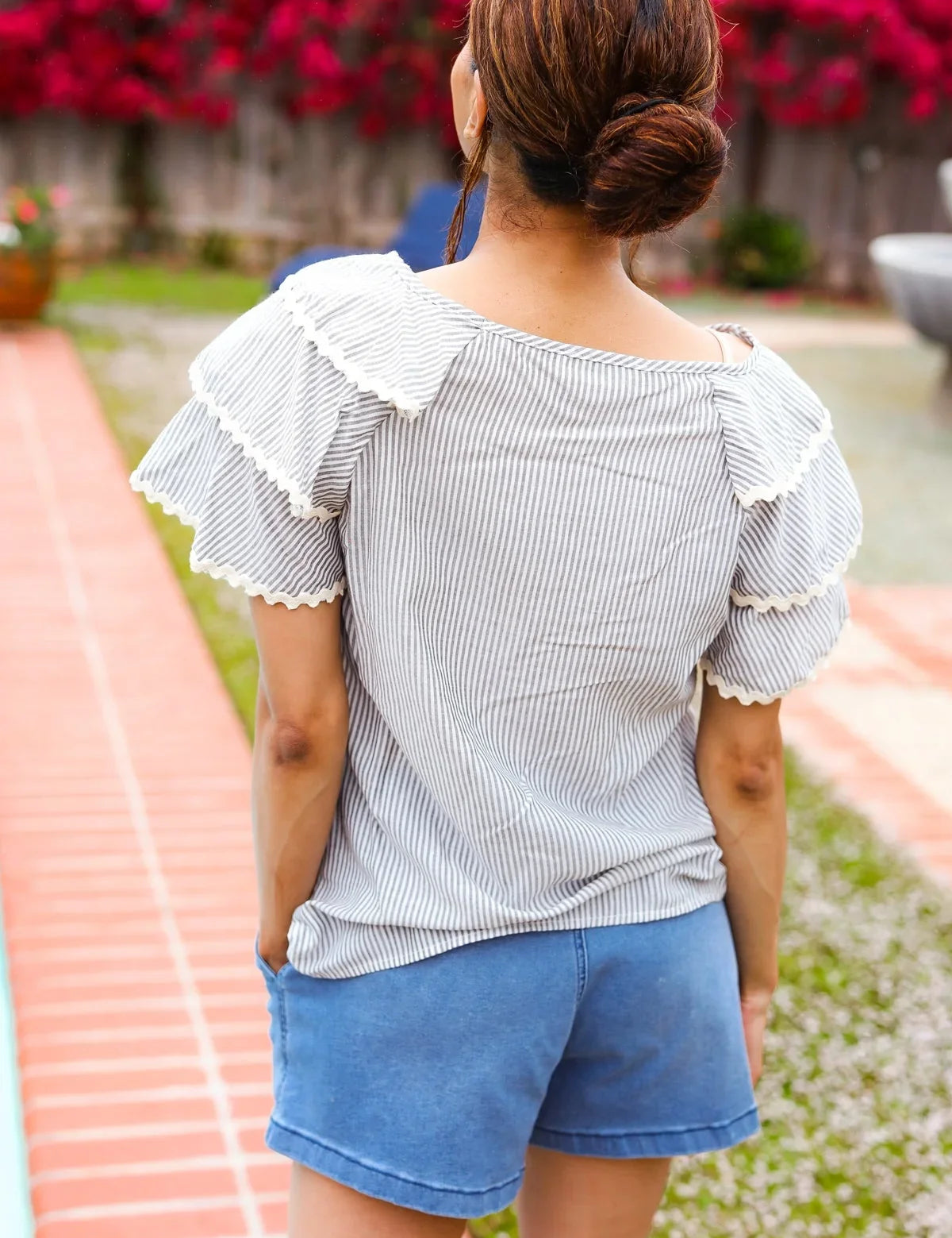 Lovely In Gray Stripe Tiered Ruffle Sleeve Ric Rac Trim Top | 2024 Summer Blow Out Sale Daverri Fashions