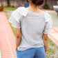 Lovely In Gray Stripe Tiered Ruffle Sleeve Ric Rac Trim Top - DAVERRI FASHIONS