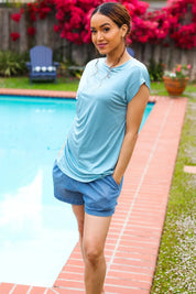 Charming in Aqua Asymmetrical Shirred Modal Top | 07-01-25 Summer Sale Daverri Fashions