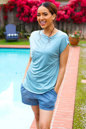 Charming in Aqua Asymmetrical Shirred Modal Top | 07-01-25 Summer Sale Daverri Fashions