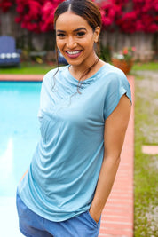 Charming in Aqua Asymmetrical Shirred Modal Top | 07-01-25 Summer Sale Daverri Fashions