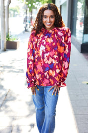 You Got This Wine Floral Print Print Frill Mock Neck Top | Daverri Fashions