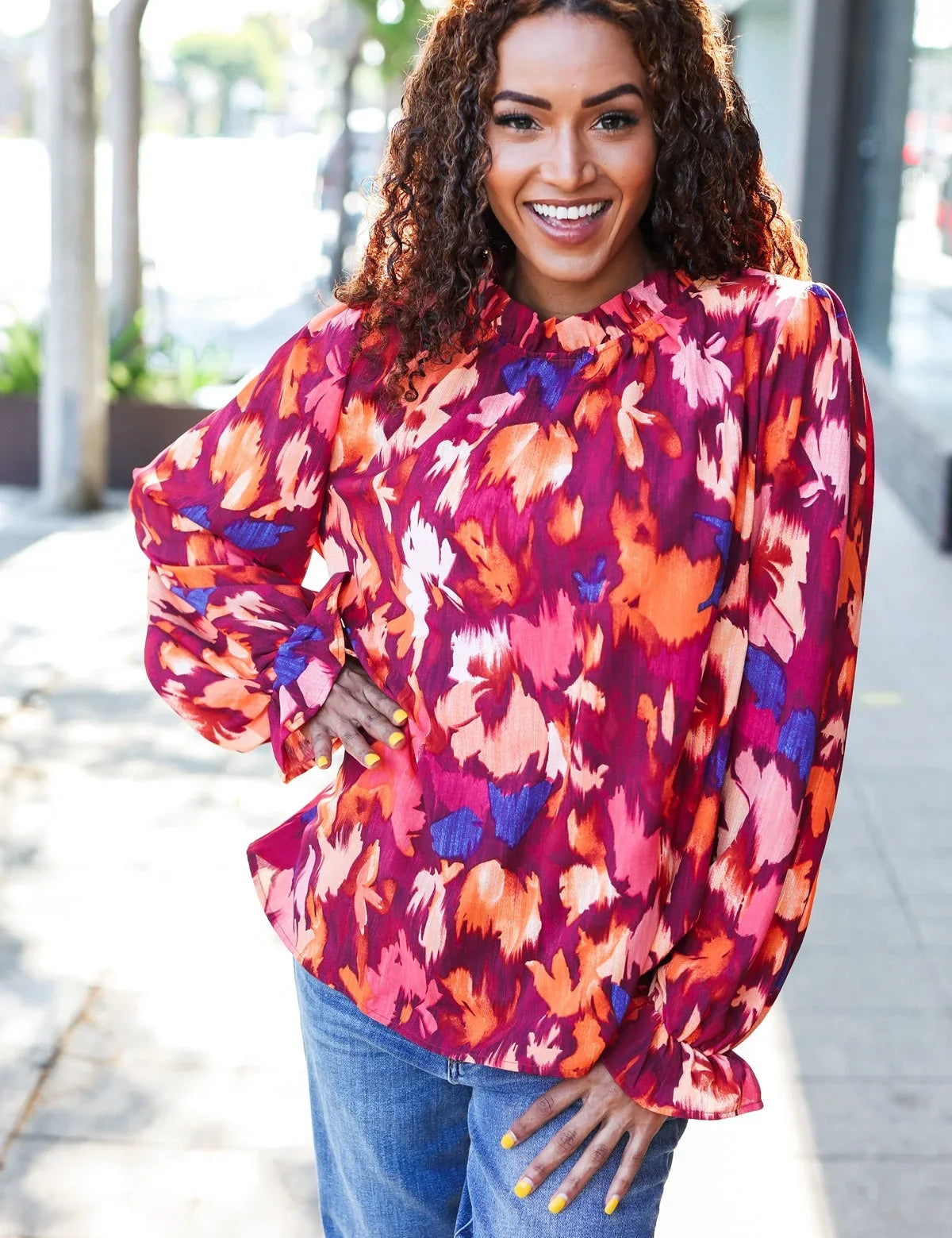 You Got This Wine Floral Print Print Frill Mock Neck Top | Daverri Fashions