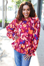 You Got This Wine Floral Print Print Frill Mock Neck Top | Daverri Fashions