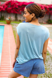 Charming in Aqua Asymmetrical Shirred Modal Top | 07-01-25 Summer Sale Daverri Fashions