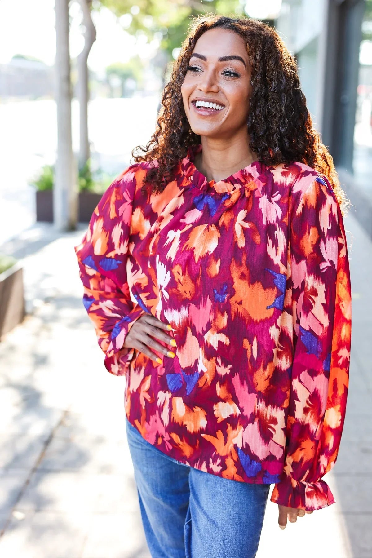 You Got This Wine Floral Print Print Frill Mock Neck Top | Daverri Fashions