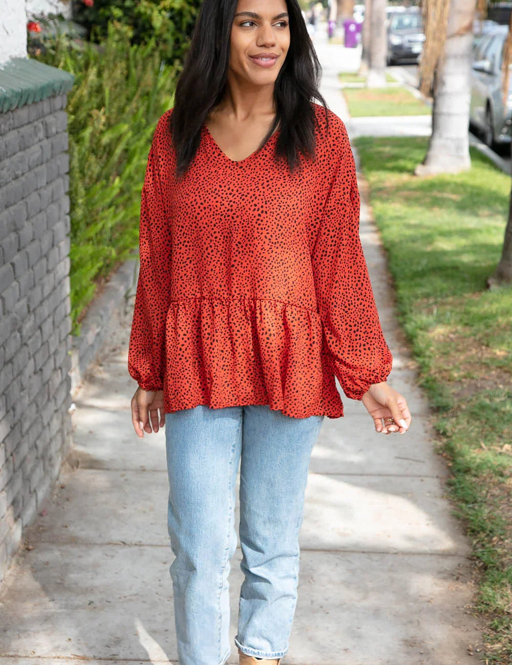 Rust Leopard Wool Dobby Woven Knit Top | Daverri Fashions