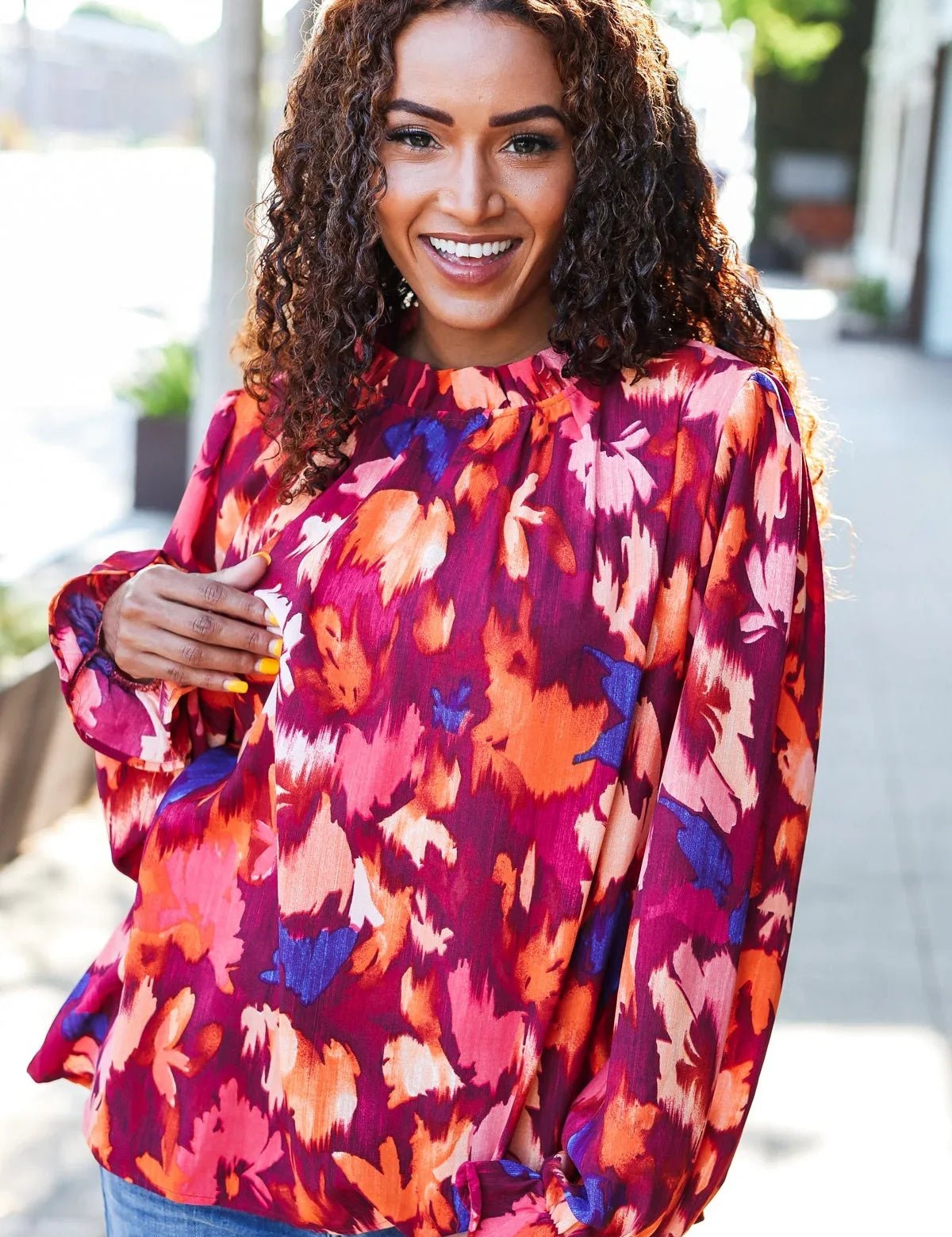 You Got This Wine Floral Print Print Frill Mock Neck Top | Daverri Fashions