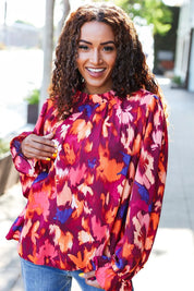 You Got This Wine Floral Print Print Frill Mock Neck Top | Daverri Fashions