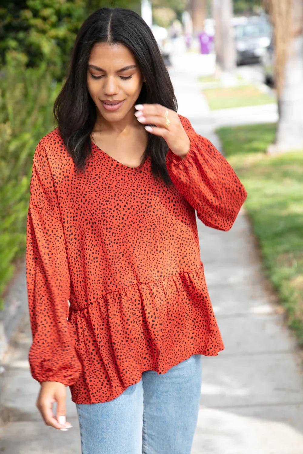 Rust Leopard Wool Dobby Woven Knit Top | Daverri Fashions