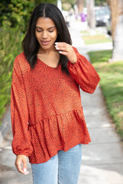 Rust Leopard Wool Dobby Woven Knit Top | Daverri Fashions