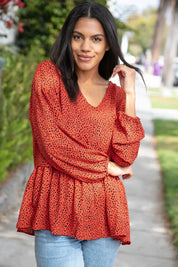 Rust Leopard Wool Dobby Woven Knit Top | Daverri Fashions