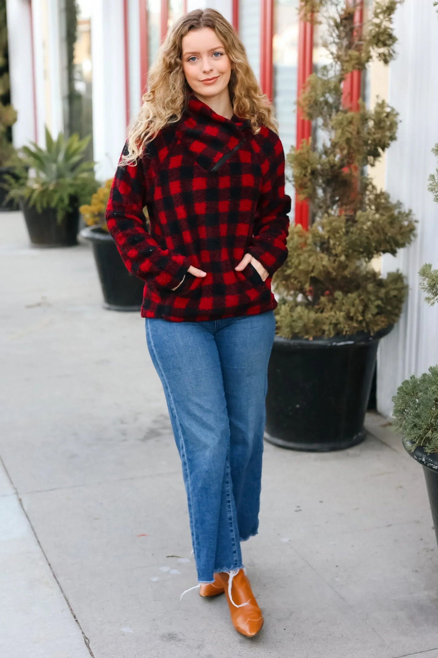 Cozy in Plaid Red Sherpa Sweater - DAVERRI FASHIONS