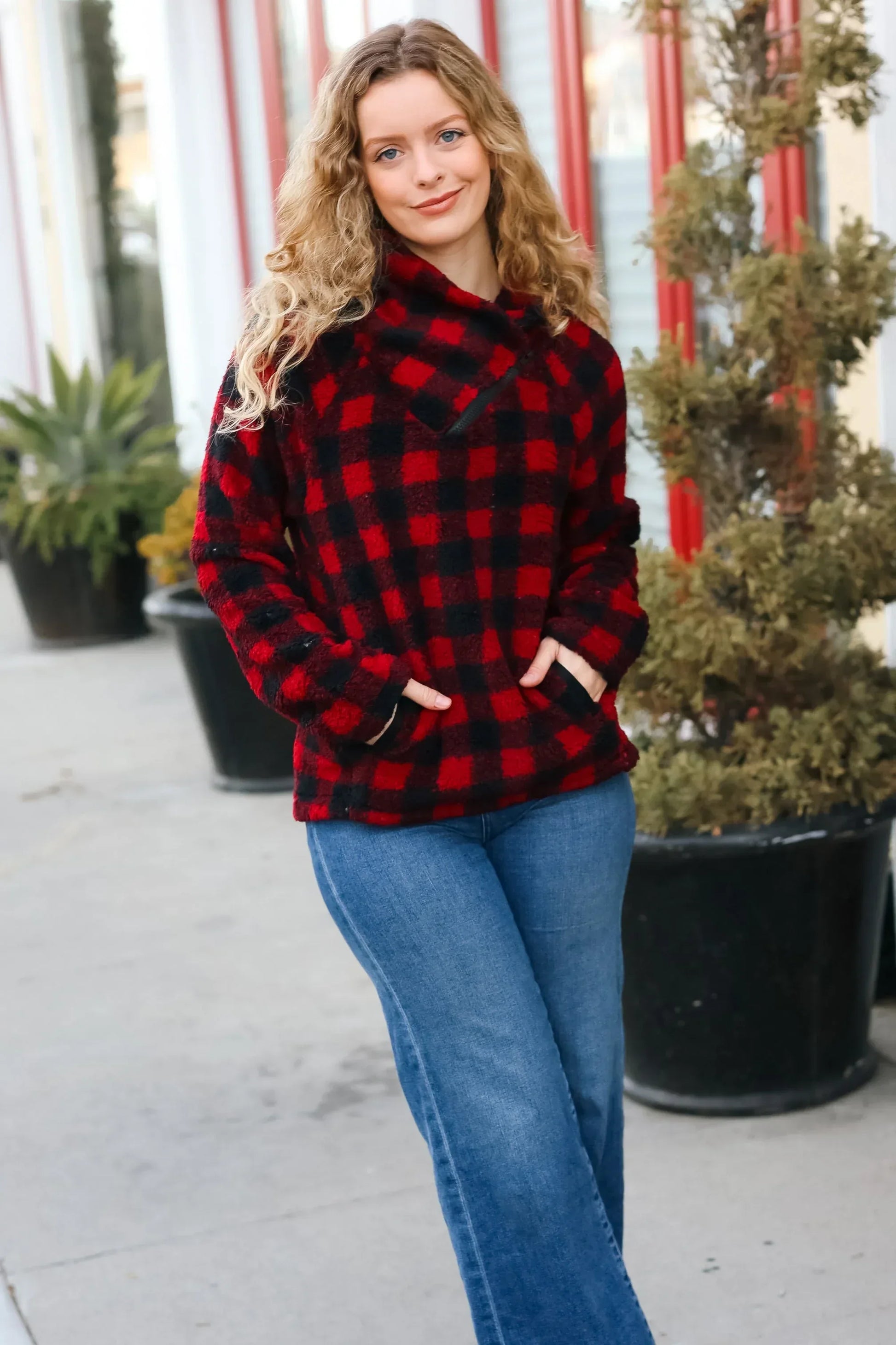 Cozy in Plaid Red Sherpa Sweater - DAVERRI FASHIONS