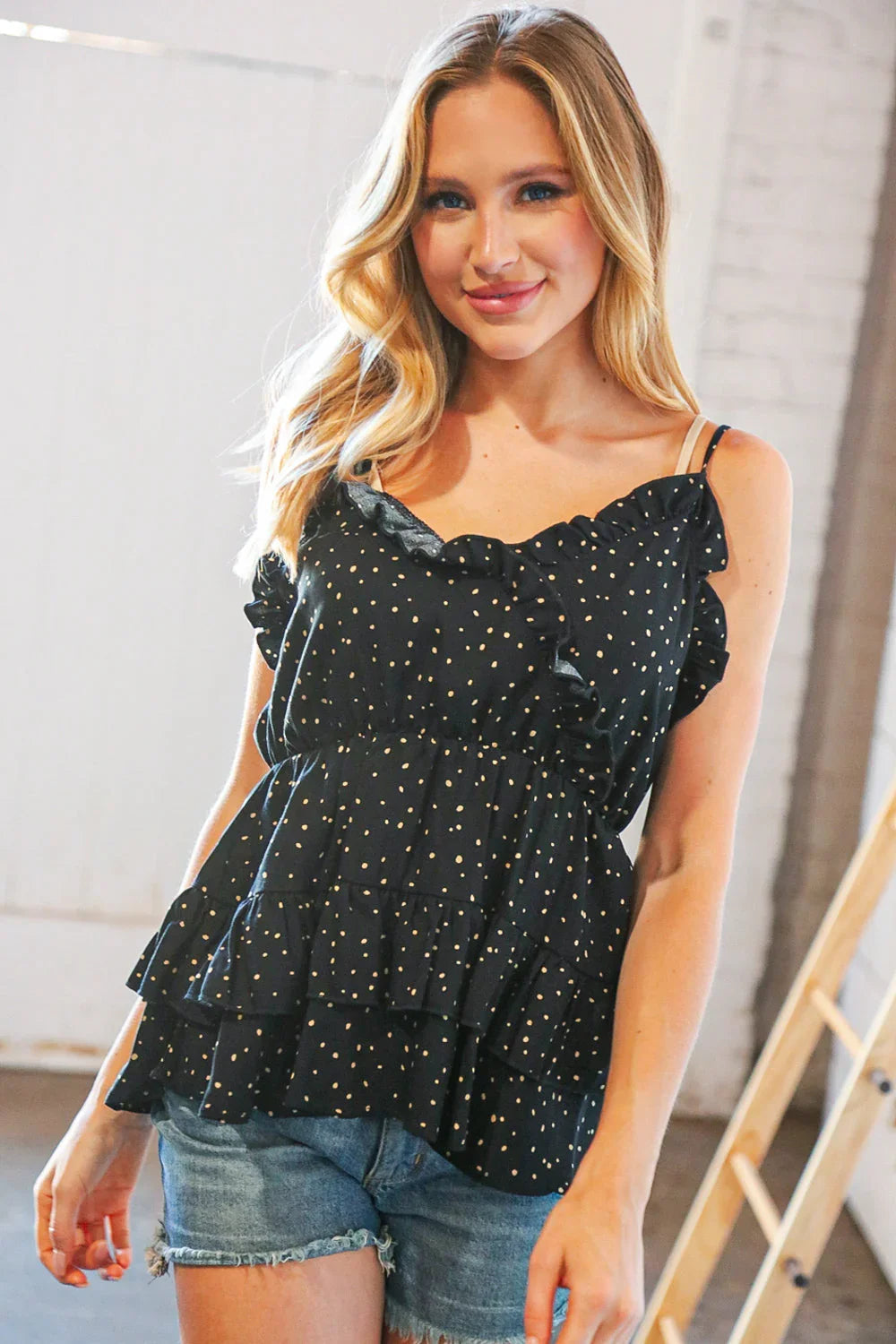 Rayon Dobby Dot V Neck Elastic Waist Blouse | Daverri Fashions