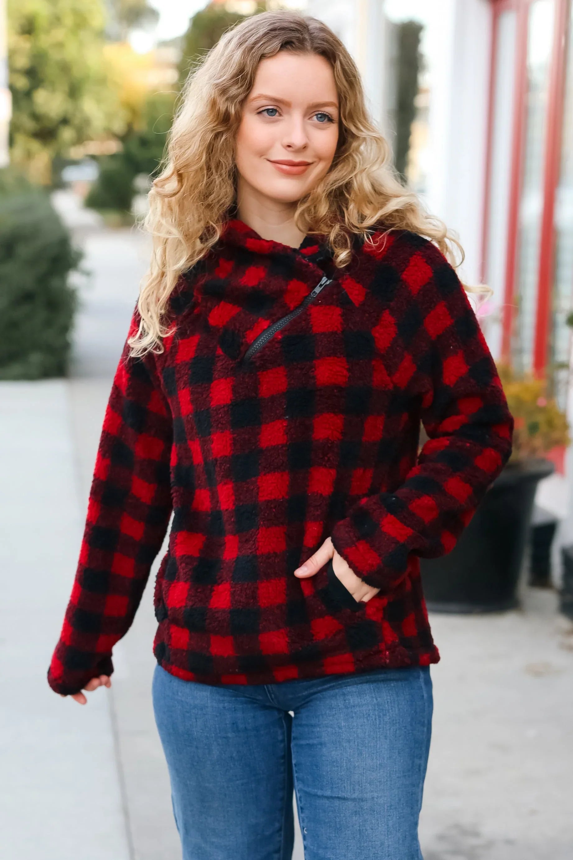 Cozy in Plaid Red Sherpa Sweater | Daverri Fashions