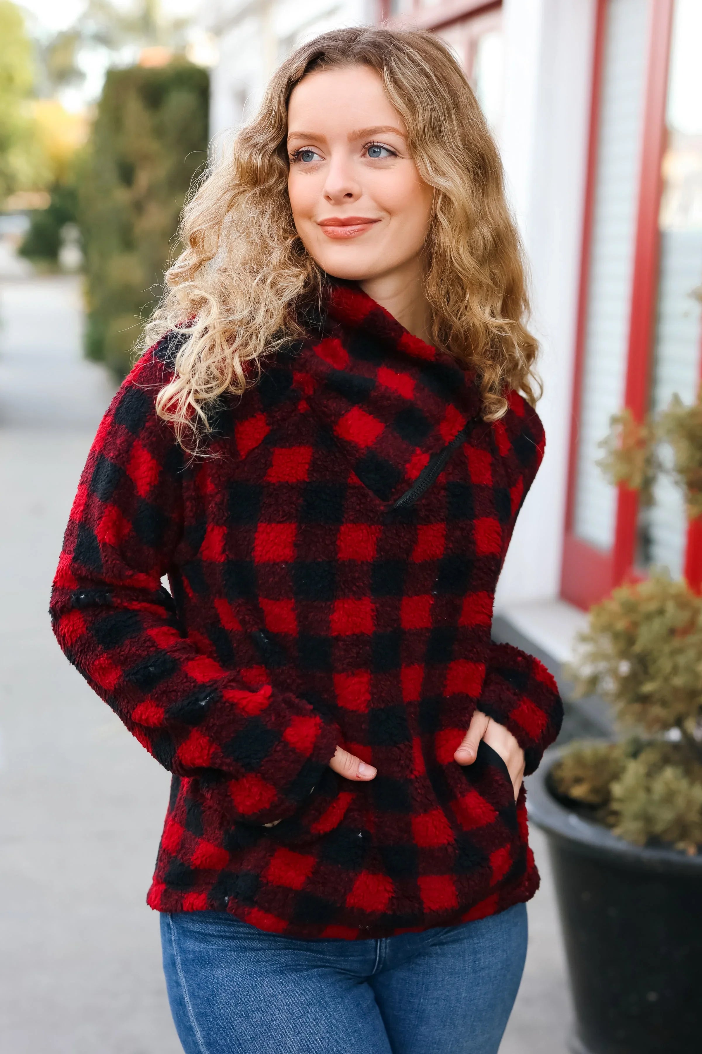 Cozy in Plaid Red Sherpa Sweater | Daverri Fashions