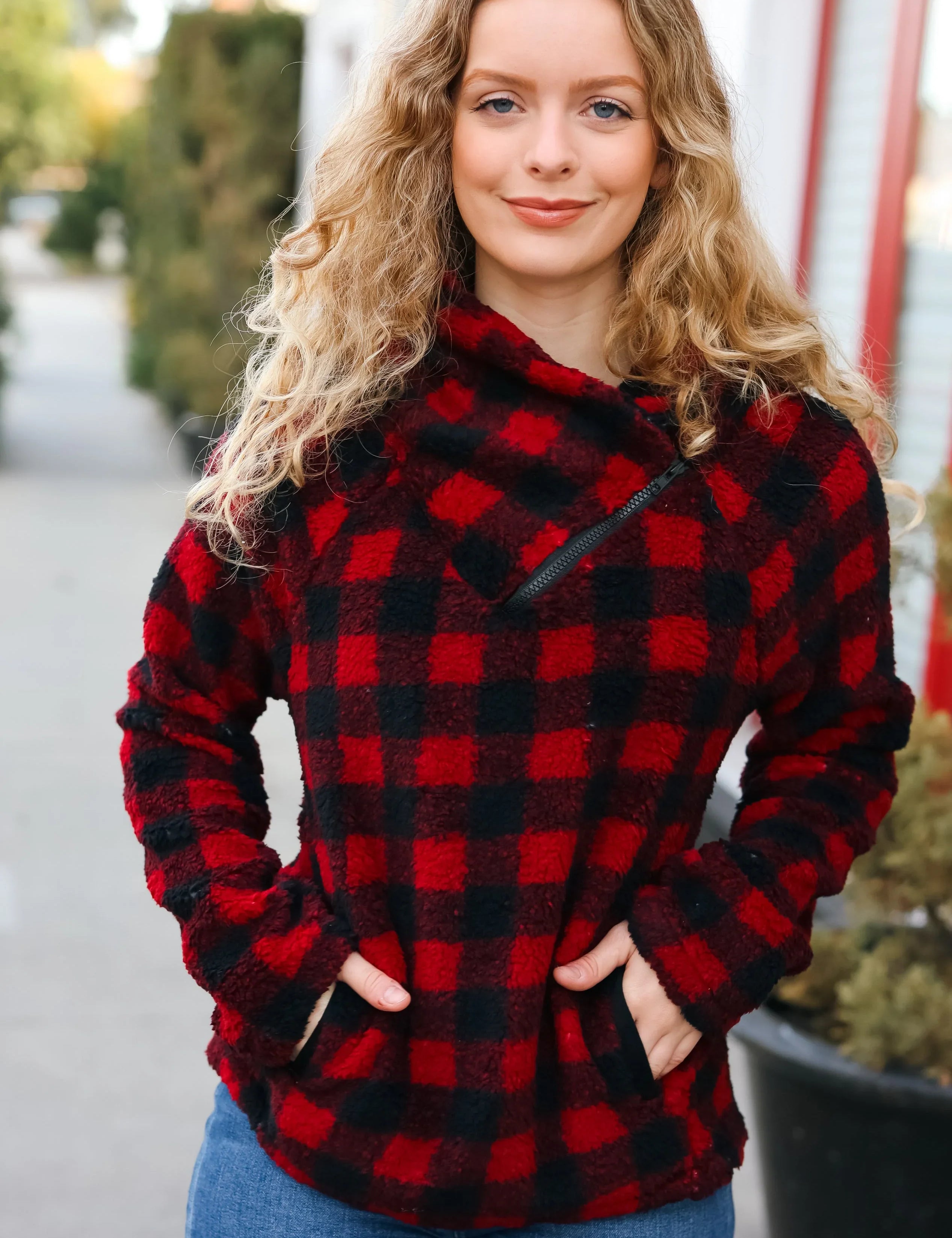 Cozy in Plaid Red Sherpa Sweater | Daverri Fashions