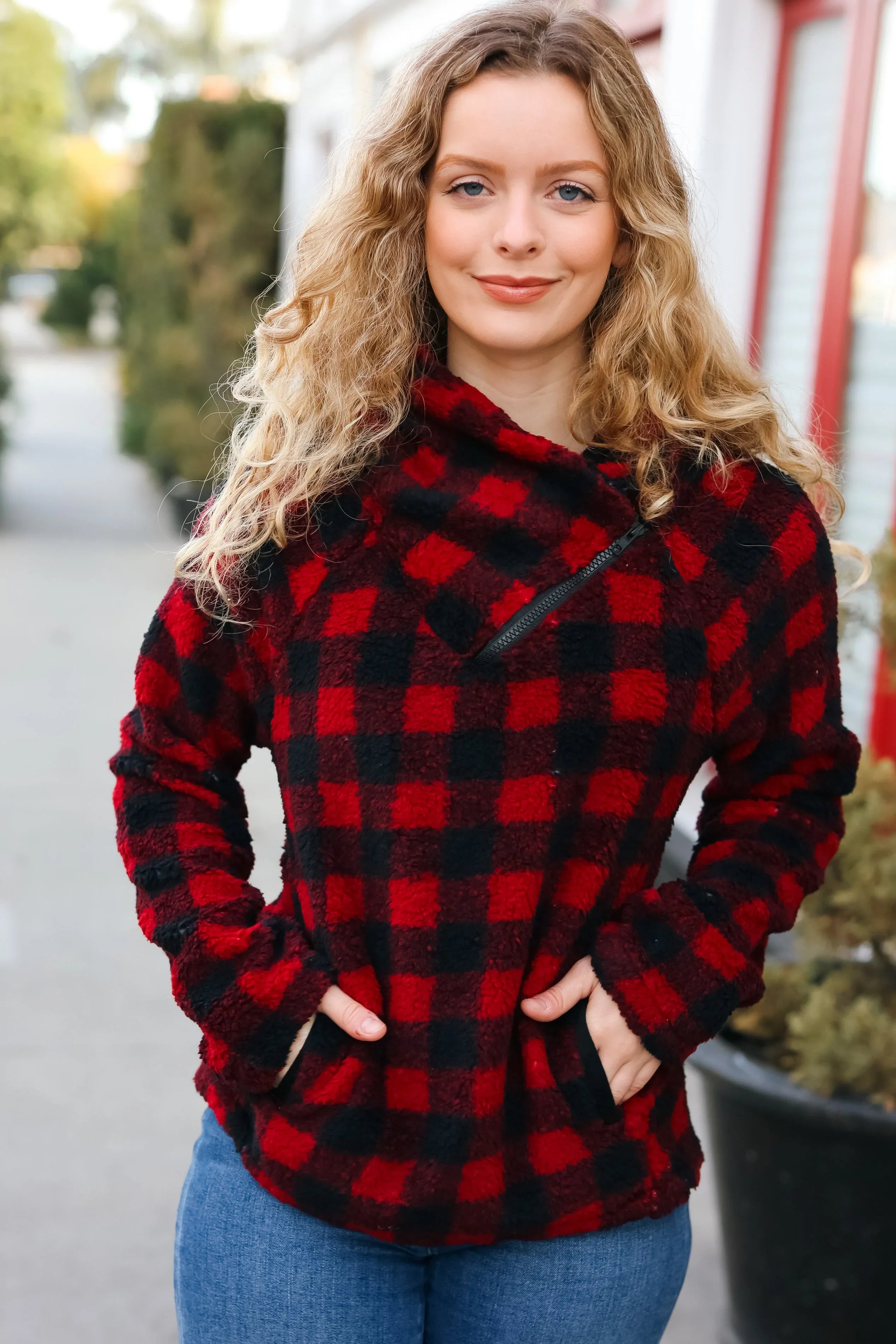 Cozy in Plaid Red Sherpa Sweater | Daverri Fashions