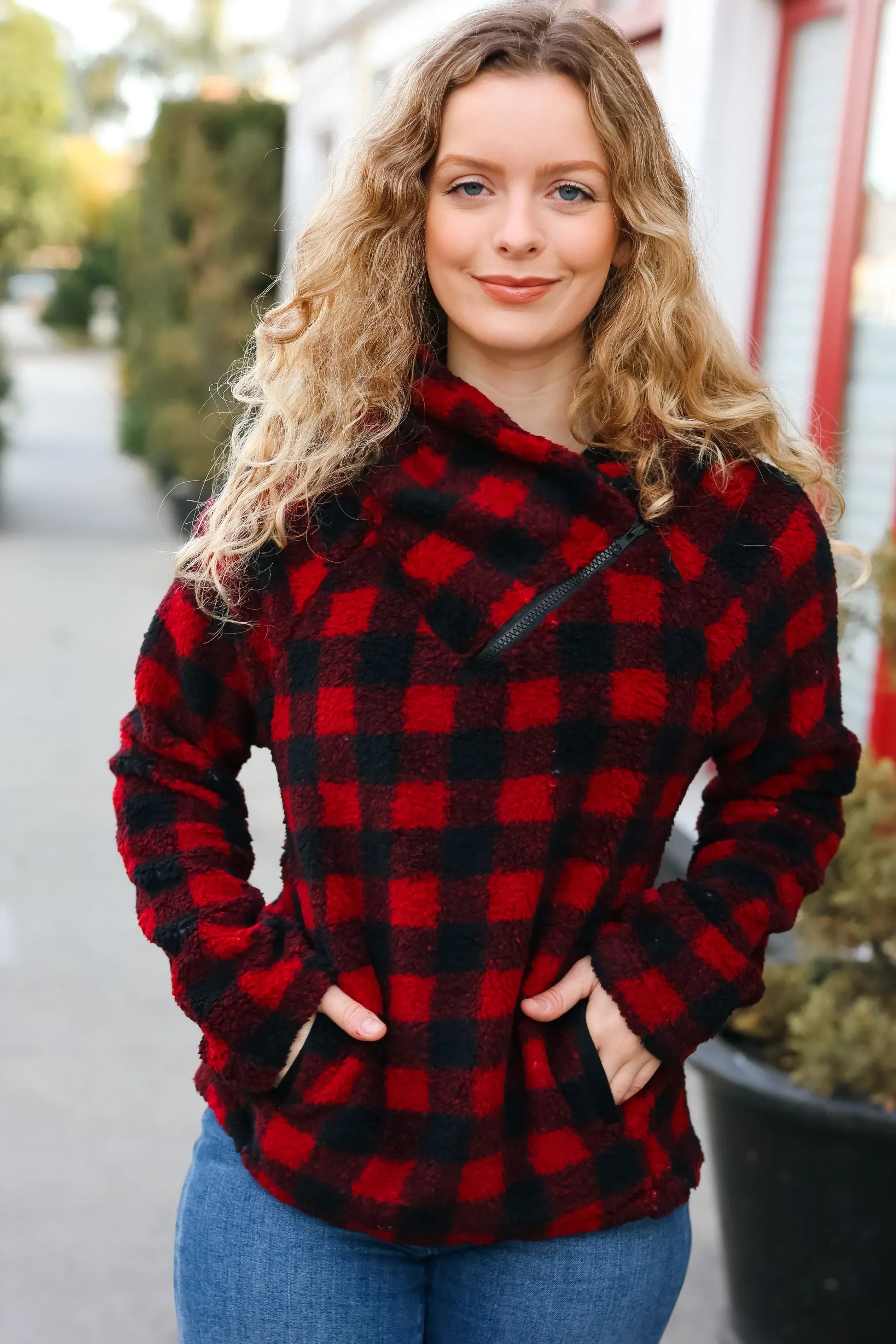 Cozy in Plaid Red Sherpa Sweater - DAVERRI FASHIONS