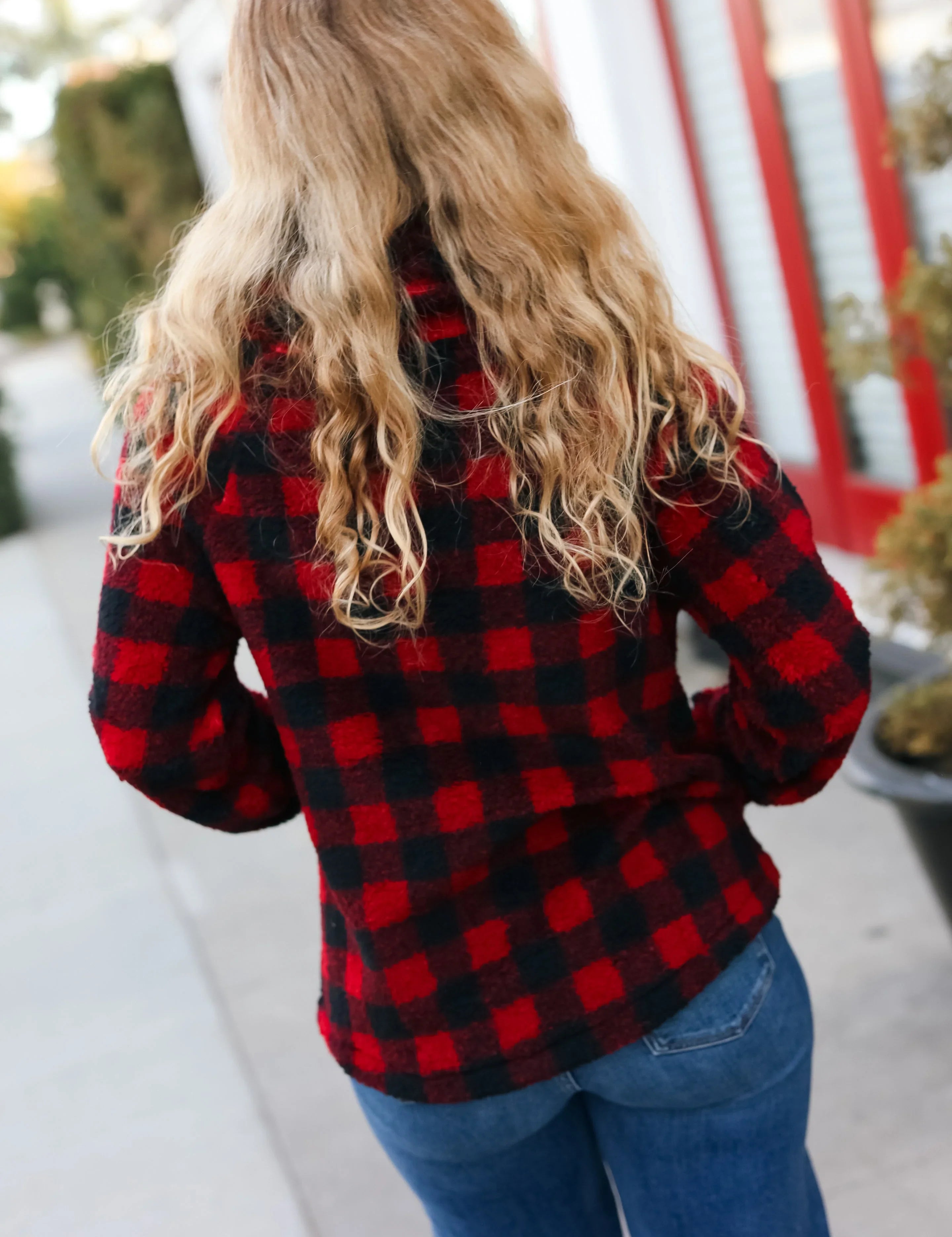 Cozy in Plaid Red Sherpa Sweater | Daverri Fashions
