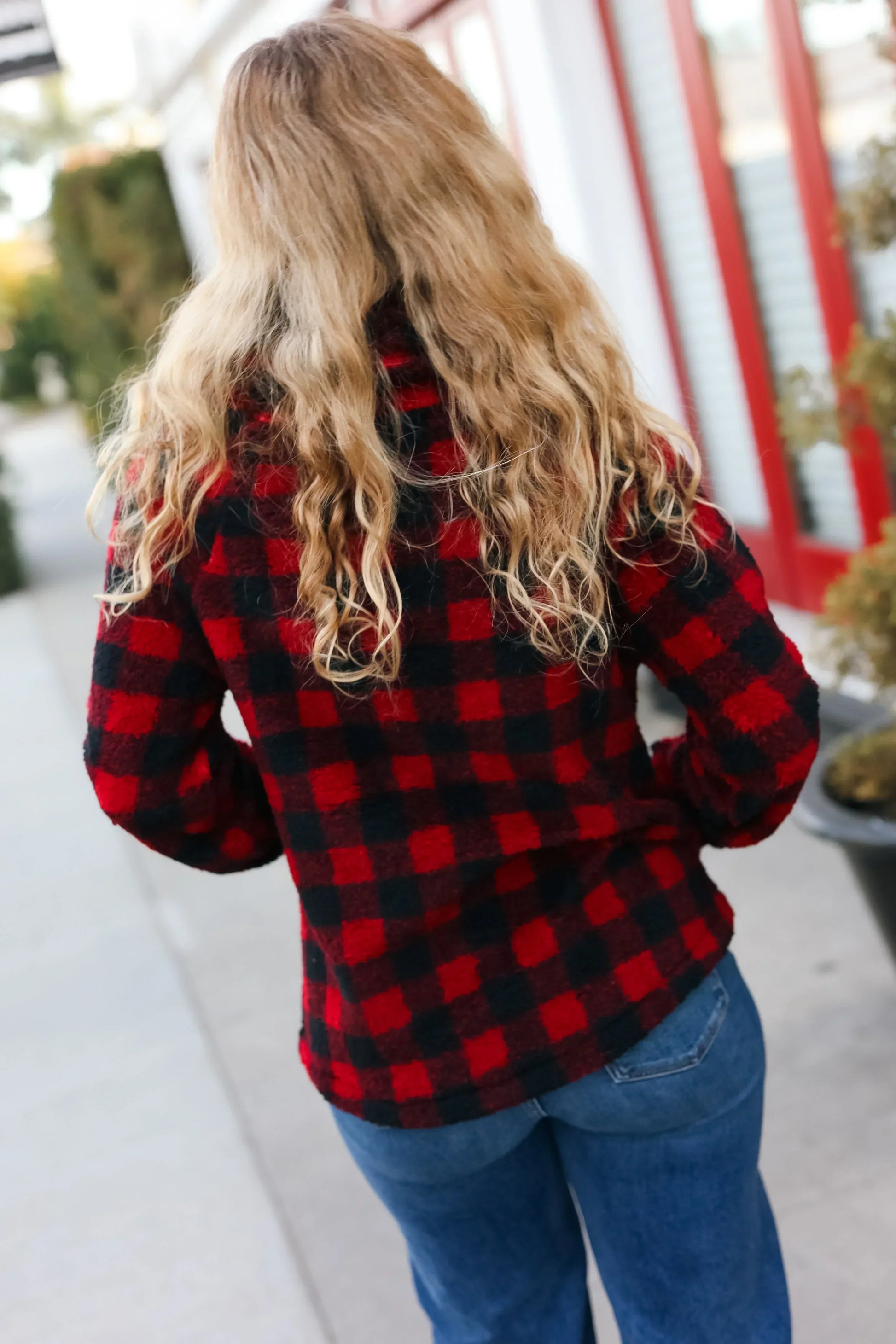 Cozy in Plaid Red Sherpa Sweater - DAVERRI FASHIONS
