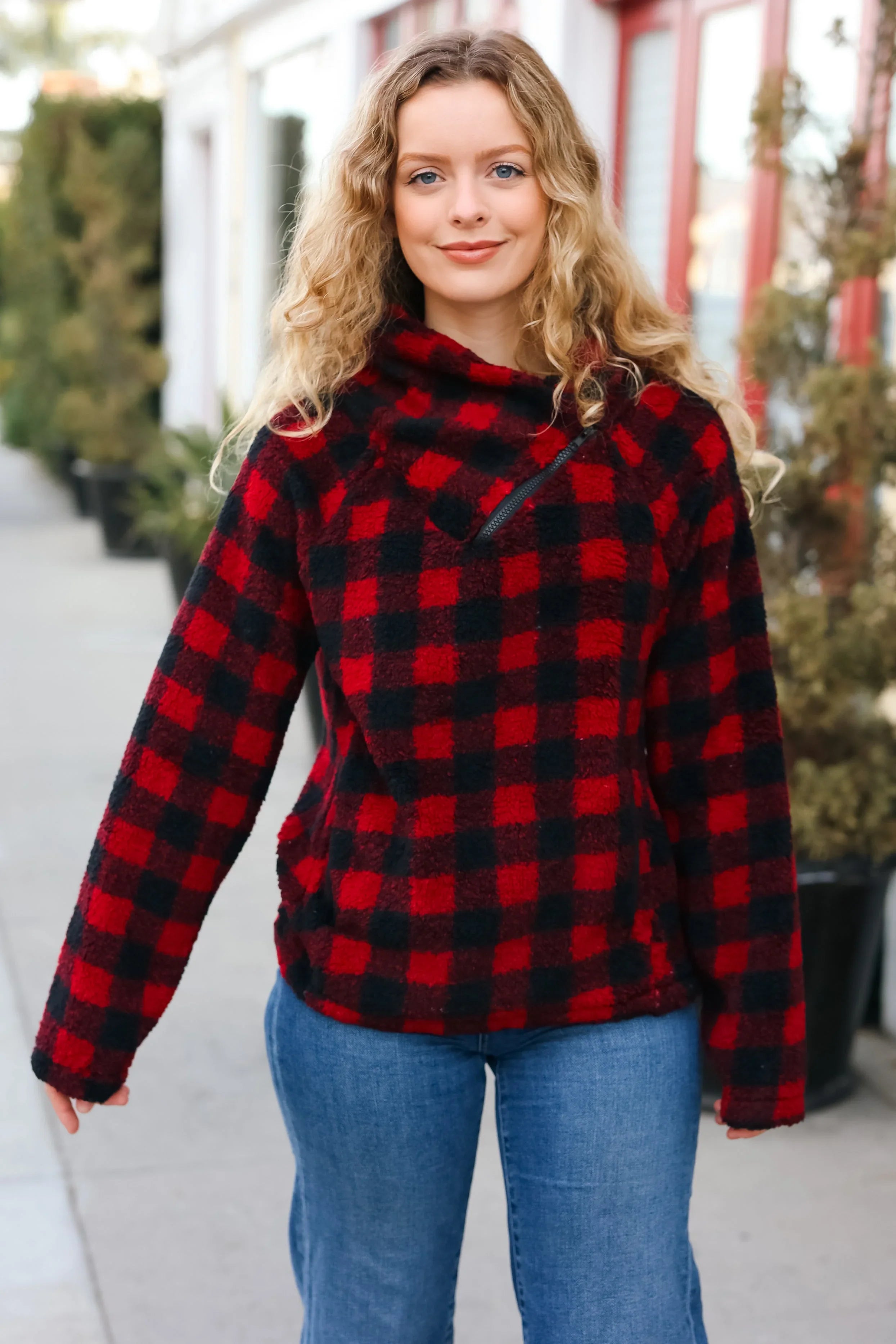 Cozy in Plaid Red Sherpa Sweater | Daverri Fashions