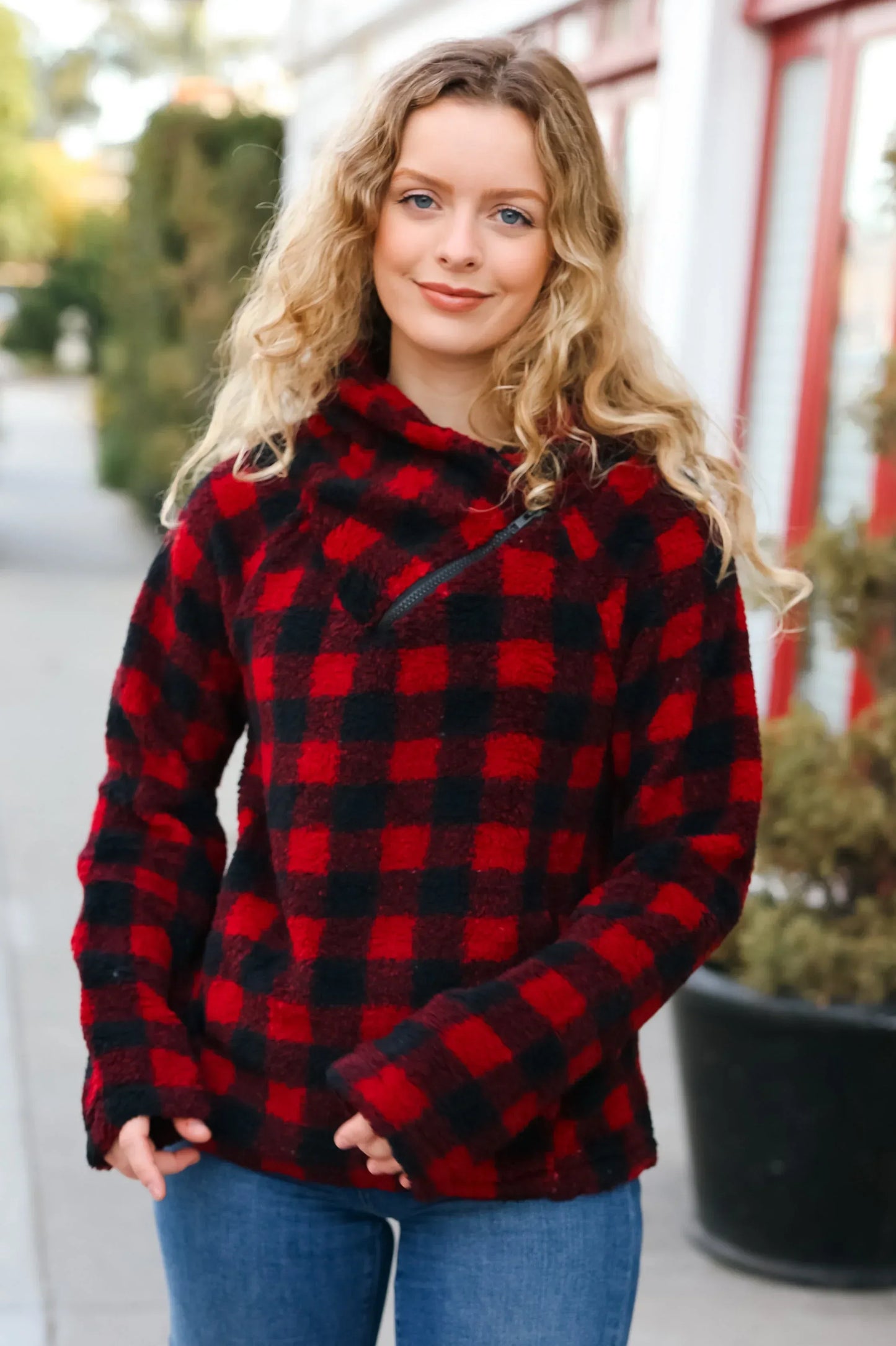 Cozy in Plaid Red Sherpa Sweater - DAVERRI FASHIONS