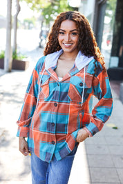 Stand Out Teal & Orange Plaid Fleece Hoodie Shacket | Daverri Fashions