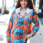 Stand Out Teal & Orange Plaid Fleece Hoodie Shacket - DAVERRI FASHIONS