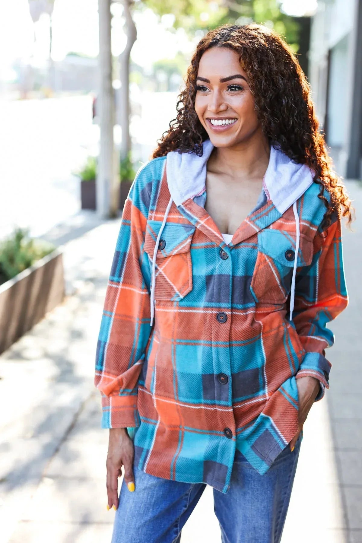 Stand Out Teal & Orange Plaid Fleece Hoodie Shacket - DAVERRI FASHIONS