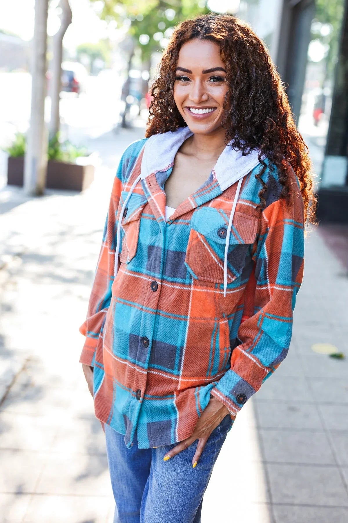 Stand Out Teal & Orange Plaid Fleece Hoodie Shacket | Daverri Fashions