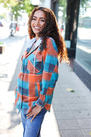 Stand Out Teal & Orange Plaid Fleece Hoodie Shacket | Daverri Fashions